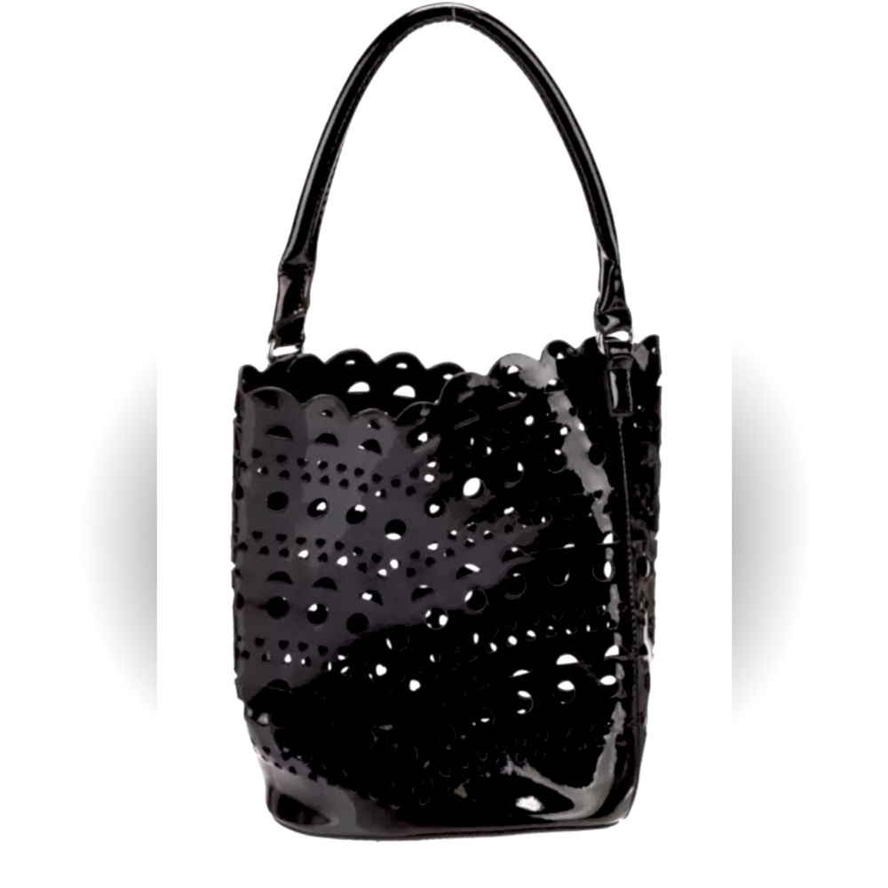 Neiman Marcus Black Scalloped Bucket Bag 11 x 9 x 5